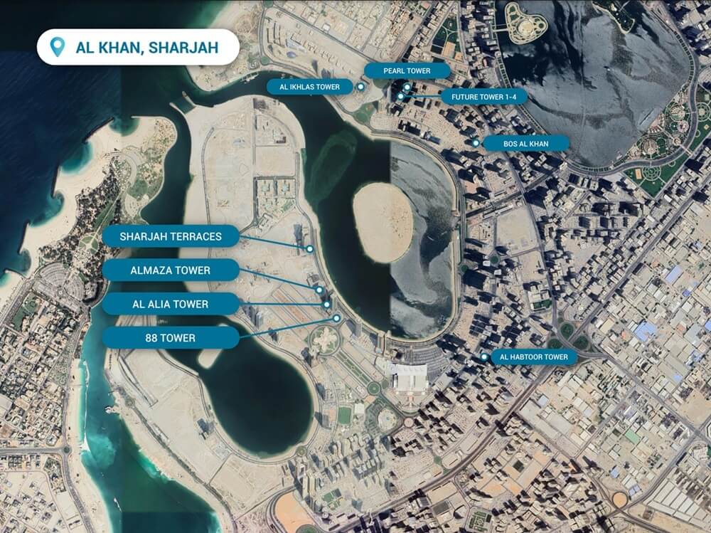 sharjah real estate map of waterfront luxury apartments in Al Mamzar