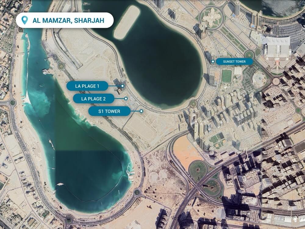 sharjah real estate map of waterfront luxury apartments in Al Mamzar